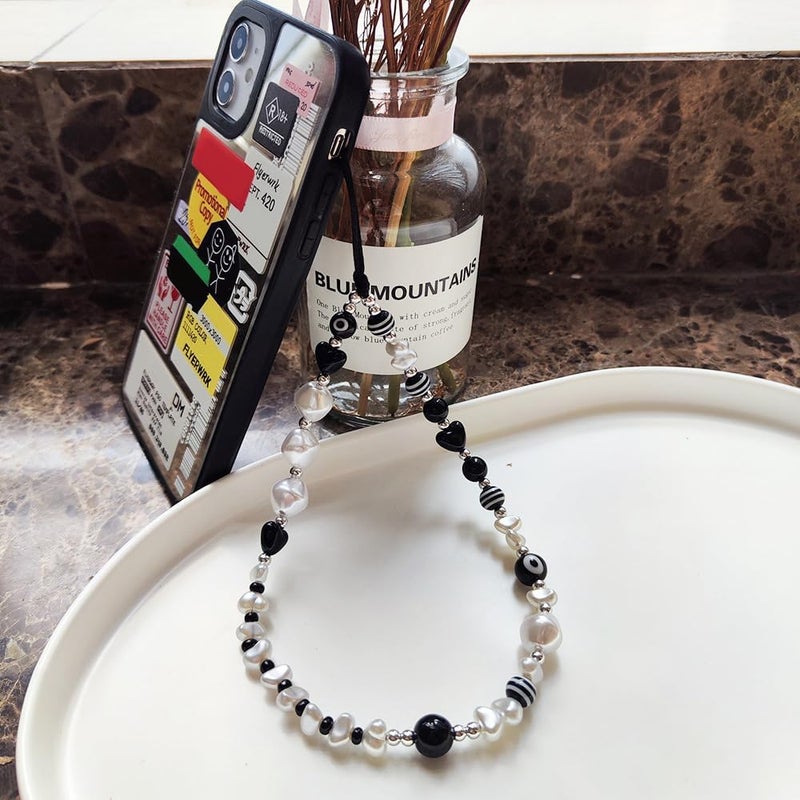 WCCH Beaded Phone Charm Y2K Kawaii Handmade Acrylic Phone Lanyard Wrist Strap for Camera Bag Airpods Keychain Charm Black and White Pearls - Image 5